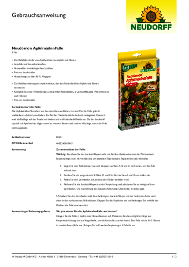 Neudomon ApfelmadenFalle Gebrauchsanweisung